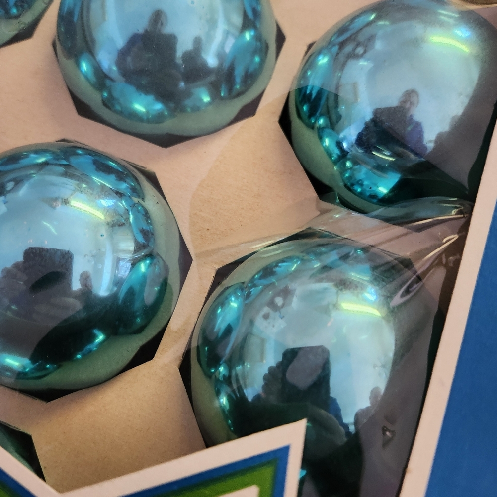 Coby Blue Glass Ornaments - Set of 12 Made In USA New Old Stock Torn Plastic - Picture 2 of 5